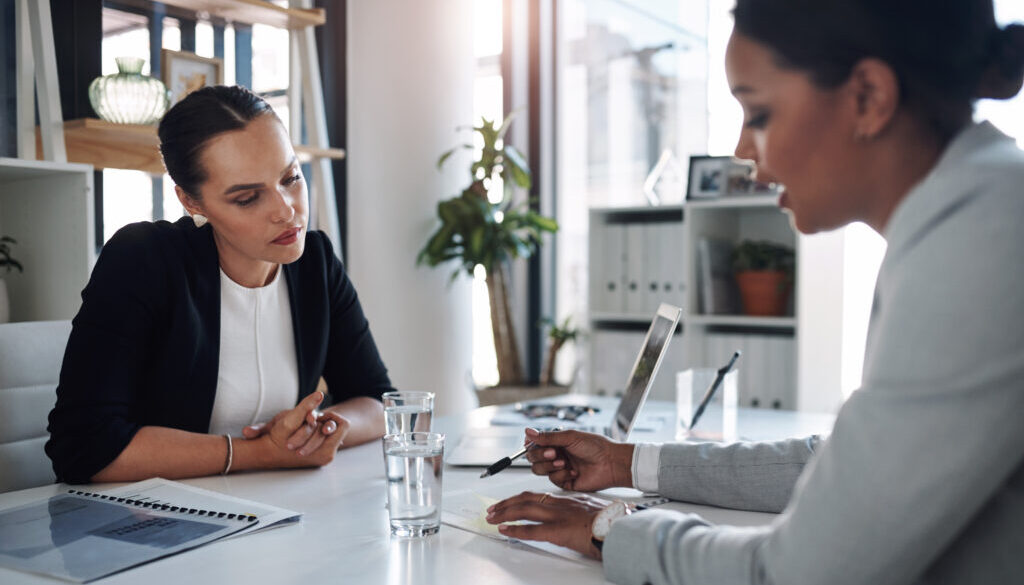 Office, business people and meeting with document for discussion, planning and report review for project. Corporate firm, manager and financial advisor with paper for guidance, advice and invest tips