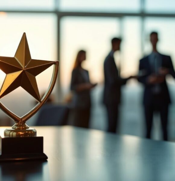 Golden star trophy sits on office table. Blurred business people stand in background. Symbolizes work success recognition achievement and corporate victory.