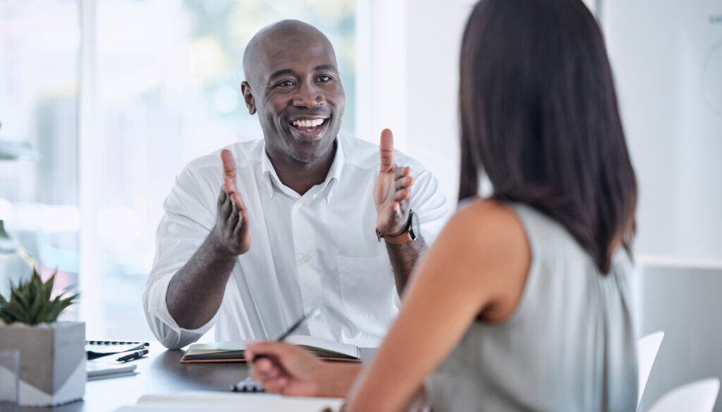 Collaboration, teamwork and business people meeting for kpi review, project development update and office b2b communication. Corporate black man talking to woman client or employee on job negotiation