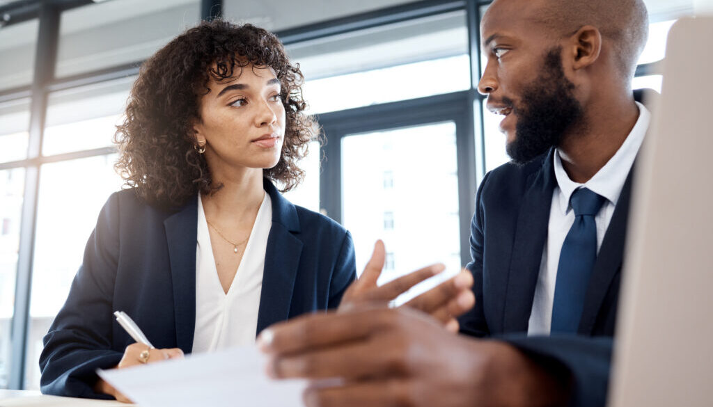 Planning, strategy and meeting black people or clients b2b documents, finance review and contract discussion. Accountant, financial advisor or business employee with partner investment at USA company