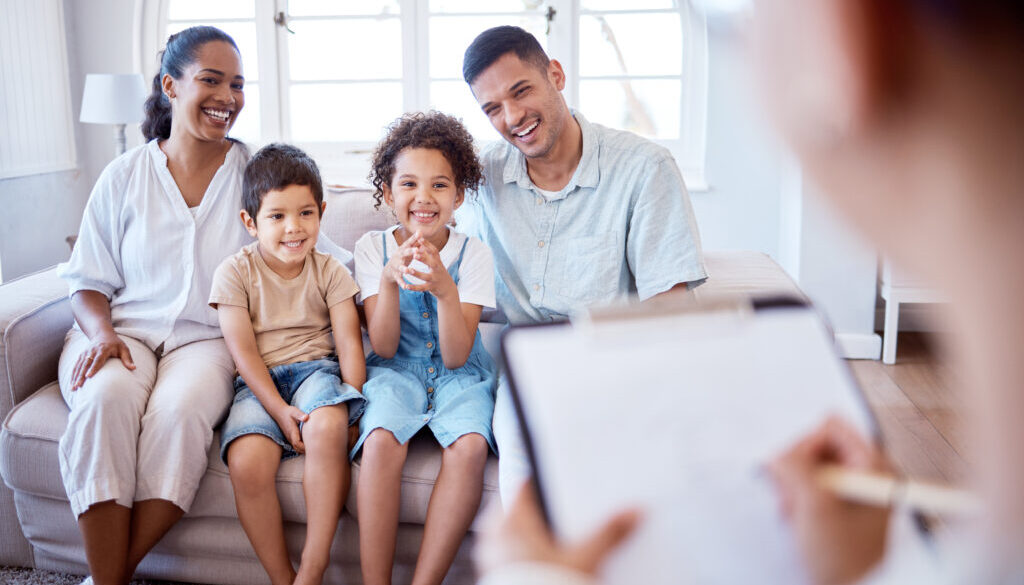 Their weekly sessions have been so beneficial. Shot of a family meeting with a therapist.